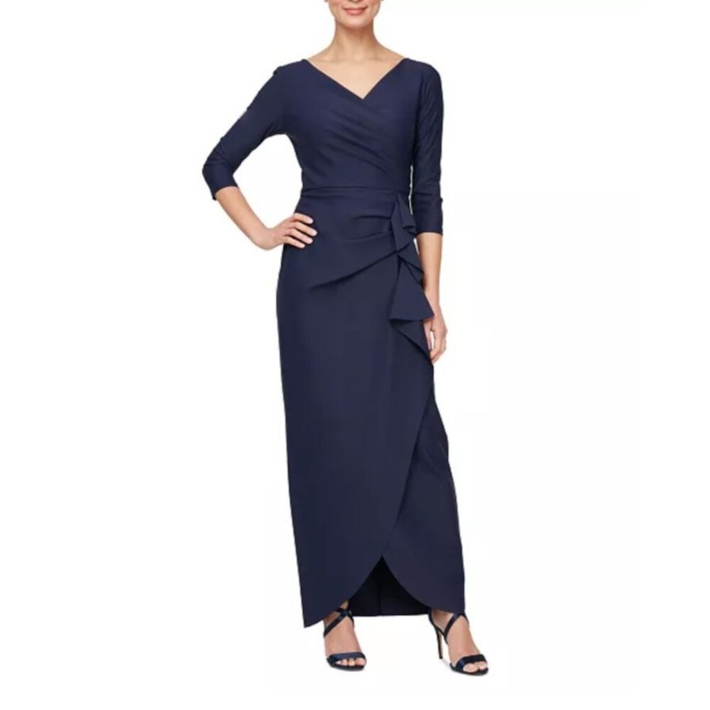 Alex Evenings Compression Surplice Draped 3/4-Sleeve Gown Dress Navy Size 6P